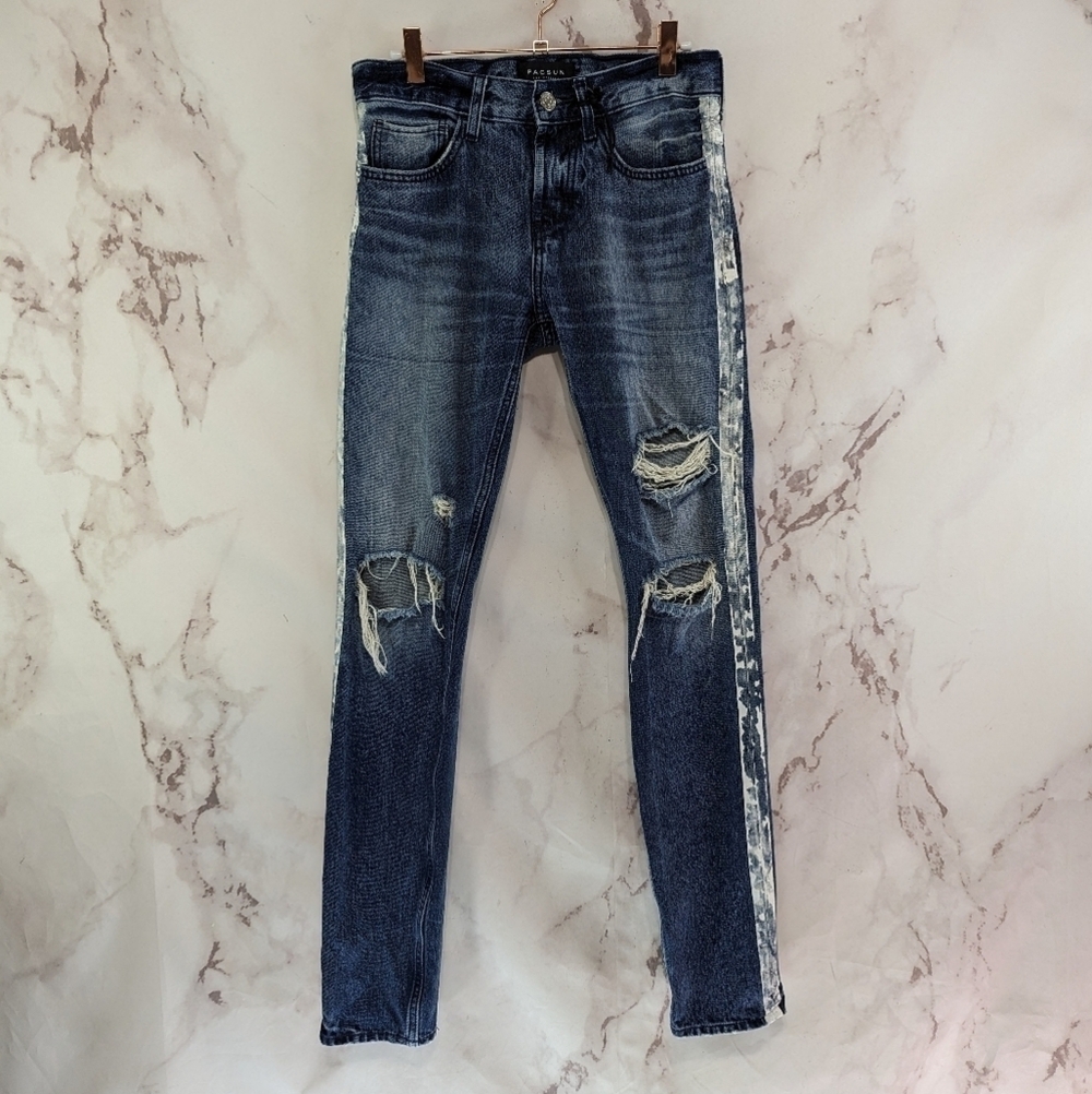 Pacsun Jeans Mens 28 X 30 Stripe Stacked Skinny Denim Distressed Holes White